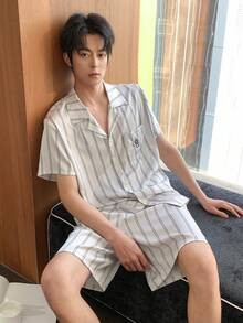 DAZY Summer Striped Multicolor Short Sleeve Shirt Paired With Patterned Embroidered Shorts Men Pajama Set - Multicolor - View 6