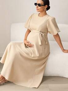 MaterniWear Maternity Clothes Maternity Dress Elegant Office Attire For Commuting Summer Khaki Round Neck Short Puff Sleeve Belted Waist Elegant Cotton Dress - Apricot - View 1
