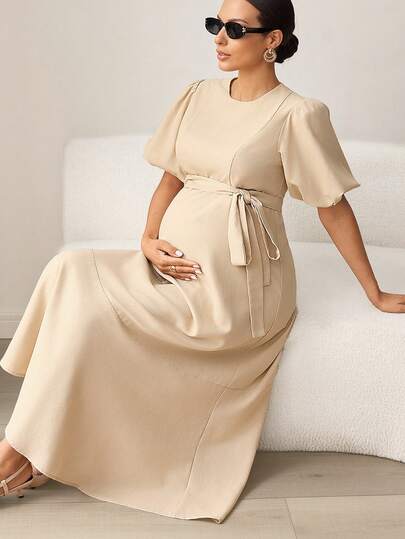 MaterniWear Maternity Clothes Maternity Dress Elegant Office Attire For Commuting Summer Khaki Round Neck Short Puff Sleeve Belted Waist Elegant Cotton Dress