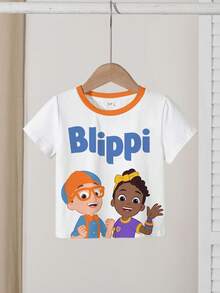 Blippi X SHEIN 女童休闲卡通字母印花T恤，夏季 - 白色 - 查看 1