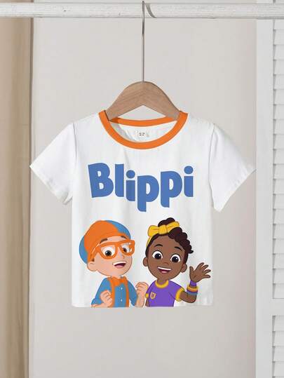 Blippi X SHEIN Young Girl Casual Cartoon Letter Print T-Shirt, Summer