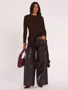 SHEIN BAE Women's Autumn Fashionable Solid Color Versatile Asymmetric Ruffle Hem Top - Coffee Brown - View 6