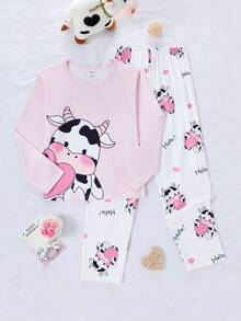 Genkimix Kids 2pcs/Set Girls Cute Pink Cow Print & Full Print White Pants Comfortable Casual Pajama Homewear Set, Autumn/Winter - Pink - View 3