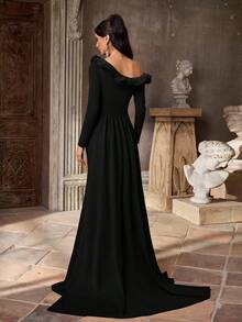 Aureia 优雅、浪漫、端庄、酒红色、弹力面料、欧根纱拼接、多层荷叶边、内置胸罩、鱼尾裙摆、拖地、时尚、节日、生日派对、婚礼、正式晚宴礼服 - 黑色 - 查看 3