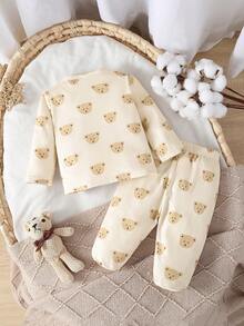 新生儿长袖开衫和连脚裤套装（2件套），可爱小熊印花，针织面料家居服 - 卡其色 - 查看 5