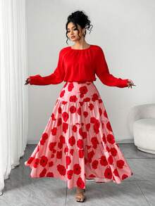 Elenzga Bộ 2 món trang phục thanh lịch và thời trang in họa tiết ngẫu nhiên cỡ lớn dành cho nữ ngày lễ tình nhân - Đỏ - Xem 6