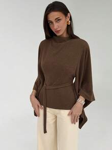 Aloruh 女士纯色立领喇叭袖系带时尚衬衫 - 咖啡棕 - 查看 3