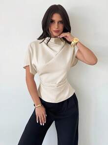 Firerie Crinkle Collar Asymmetric Sleeve Side Ruched Waist Slim Fit Apricot Bamboo Linen Fabric Blouse For Women, All Season - Beige - View 7