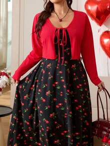 Solflare Bộ đồ 2 món dành cho nữ cỡ lớn: áo khoác cardigan buộc dây phía trước màu trơn và váy hai dây in họa tiết quả anh đào, thích hợp cho mùa xuân/hè. - Nhiều màu - Xem 6