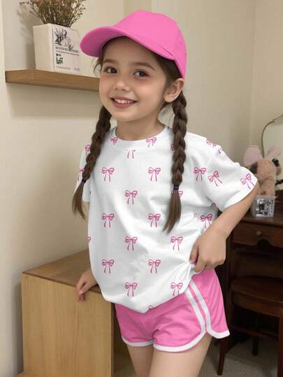 可爱甜美的小女孩粉色蝴蝶结印花短袖圆领T恤，休闲简约，适合春夏日常穿着，舒适自在，时尚休闲，甜美蝴蝶结图案设计，新款上市，开学季必备