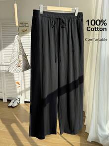 Comfortcana Plus Size Women Simple Solid Color Wide Leg Summer Pants - Black - View 1