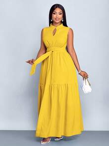 SOLERSUN 加大码蓝色立领前开襟无袖束腰系带连衣裙女式优雅休闲时尚通勤外出连衣裙夏季新款女装 - 芥末黃 - 查看 5