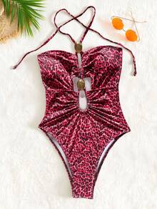 Swim SXY 女士连体泳衣，豹纹交叉露背比基尼，性感欧美风泳装 - 玫紅色 - 查看 3