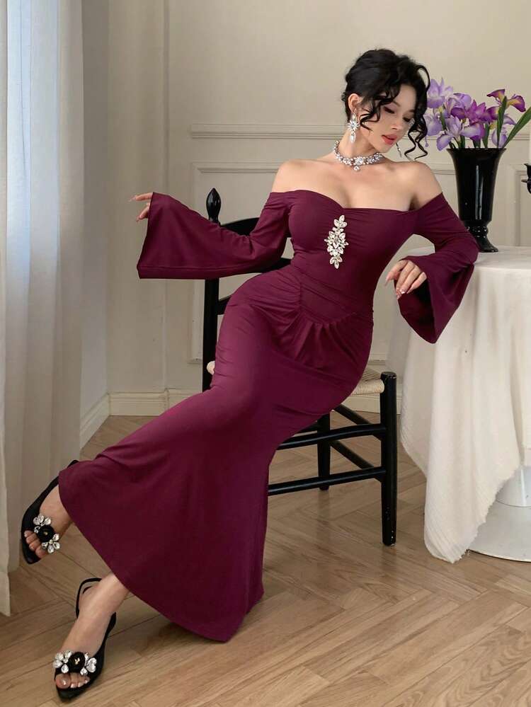 Women's Rhinestone Decor Ruched One-Shoulder Flare Sleeve Fitted Mermaid Hem Elegant Dress Wedding Guest Dress Maxi Dress Sundress