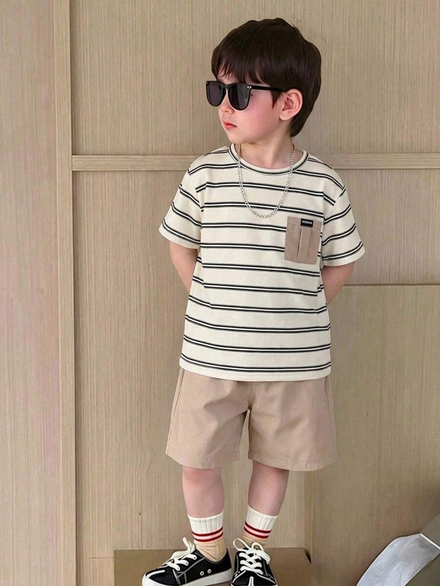Bộ 2 món cho bé trai, kiểu dáng thường ngày, thoải mái, đa năng, họa tiết kẻ sọc phối màu tương phản, cổ tròn, tay ngắn và quần short màu trơn. - Màu Khaki - Xem 1