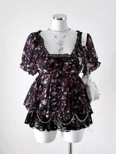 Sunspun Plus Size Women Ditsy Floral Chiffon Short Sleeve Casual Shirt