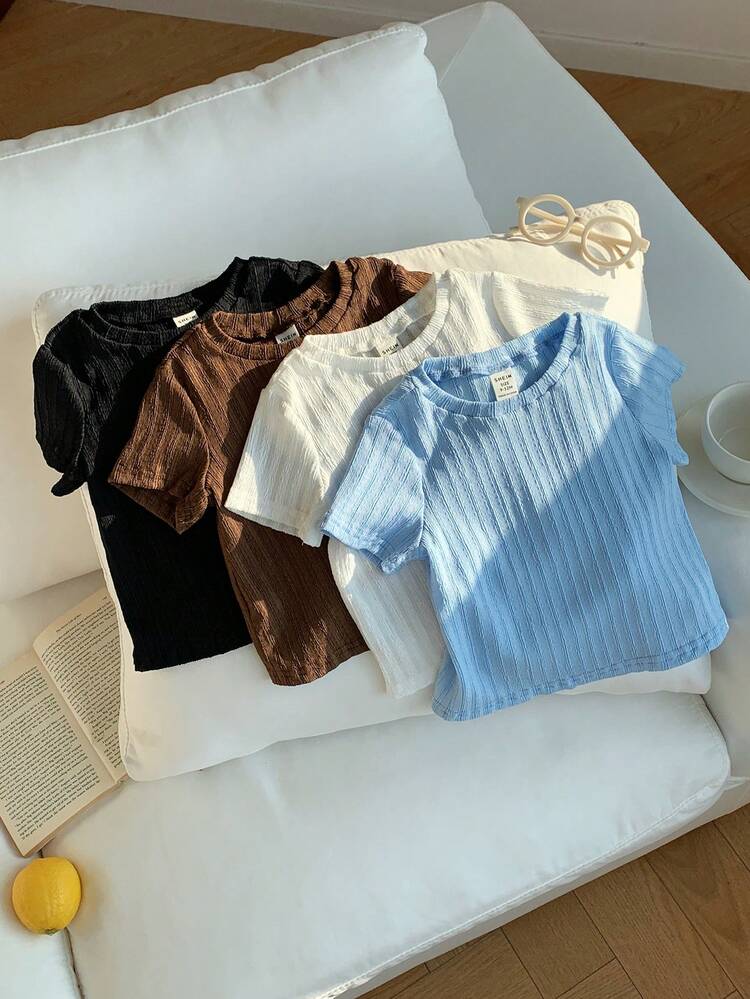 SHEIN 4pcs/Set Unisex Baby Boy/Girl Casual Solid Color Short Sleeve T-Shirt Knit Top Set, Spring/Summer Baby Clothes Cute Tops Baby Tops - Multicolor - View 7