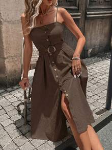 Chiquease 纽扣前开襟系带吊带连衣裙长款女装 - 棕色 - 查看 5
