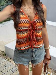 Pariaura 女士休闲性感波西米亚风彩色V领系带无袖背心，夏季上衣，适合海滩度假、春假、音乐节等场合，日常休闲百搭，女士休闲上衣，优雅女士上衣，嬉皮风上衣，波西米亚风夏季上衣，女士波西米亚风上衣，波西米亚风上衣，女士夏季上衣，女士休闲上衣，波西米亚风背心，女士波西米亚风钩针背心 - 彩色 - 查看 9