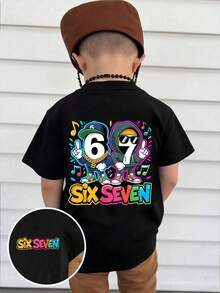 SHEIN Explorewe 男童休闲时尚创意个性清新简约酷炫数字67卡通人物音乐符号图案字母标语印花基础款短袖T恤，舒适日常穿着，适合春、夏、秋季穿着。 - 黑色 - 查看 3