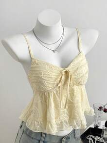 Elamini 女士休闲度假吊带背心，细肩带网纱刺绣面料，系带 - 黃色 - 查看 3