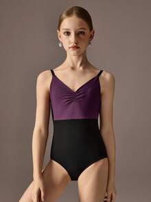 Tween Girls 2 Pieces Set: Burgundy Sleeveless Minimalist Jumpsuit And Skirt. High Stretch Dual-Tone Fabric Splice Design Fitted Ballet Leotard, Suitable For School, Professional Training, Ballet, Gymnastics, Dance Studio, Dancing, Dance Wear - Multicolor - View 4