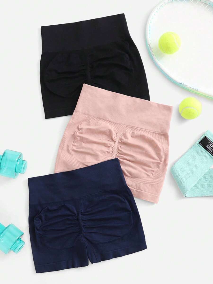 Easithlete 3 piezas Pantalones cortos deportivos con pliegues suaves y transpirables, shorts elásticos para mujer, shorts de gimnasio, shorts de ciclista - Multicolor - Ver 1