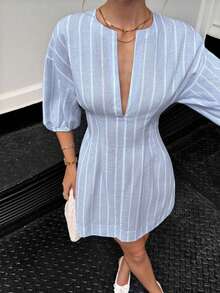 Siren Gaze Business Casual Woman Going Out Outfits Teacher Outfits For Women Waist A-Line Blue Striped Dress  Women's Casual Commuting Striped Cinched Waist Mini Dress Summer Casual - Blue - View 8