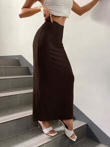 SHEIN Essnce 女士纯色高腰修身直筒裙 - 棕色 - 查看 6