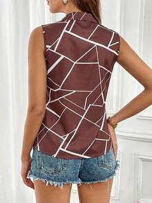 SHEIN Essnce Women's Geometric Print V-Neck Sleeveless Casual Shirt - Brown - View 2