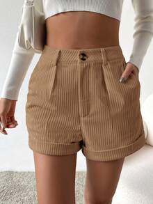 SHEIN Essnce 女士纯色褶裥口袋休闲百搭短裤 - 卡其色 - 查看 4