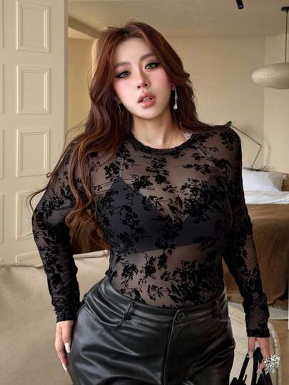 Dazy Plus Áo thun dài tay cổ tròn, co giãn, dáng ôm, màu đen, cỡ lớn, thích hợp mặc đi chơi, dành cho nữ.