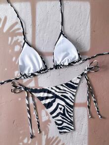 Swim Vcay Women's All-Over Print Halter Twist Front Bikini Set Zebra Print Bikini Animal Print Bathing Suit Tie Bikini Set Bathing Suit Sets Stripe Bikini - Multicolor - View 3