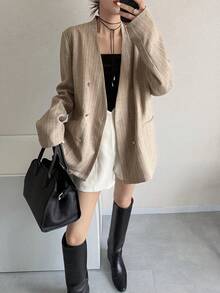 FRIFUL Women's Striped V-Neck Double-Breasted Metal Button Loose Casual Versatile Spring Blazer - Khaki - View 3