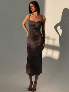 Aloruh Đầm maxi dáng đuôi cá ôm sát, dây mảnh, cổ xếp ly, in họa tiết, thanh lịch cho kỳ nghỉ. - Cà phê nâu - Xem 3