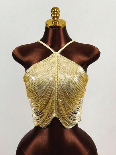 Mistrie Camiseta sin mangas con cuello halter y flecos dorados para mujer