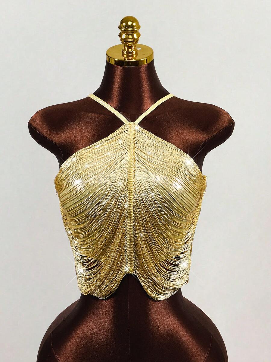 Mistrie Women's Sexy Halter Neck Sleeveless T-Shirt With Gold Tassels - Gold - View 1