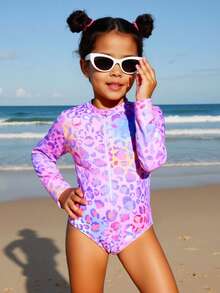 SHEIN Young Girl Long Sleeve Zipper Design Leopard Print Casual Cute Resort Beach Pool One-Piece Swimsuit Summer Vacation Thermal Christmas Holiday Festival New Years Valentines Swim Long Sleeve Bathing Suit Girls Bathing Suits With Rash Guard Long Sleeve Swim Suit Girls Kids Girl Rash Guard Girls Rash Guard Swim - Multicolor - View 4