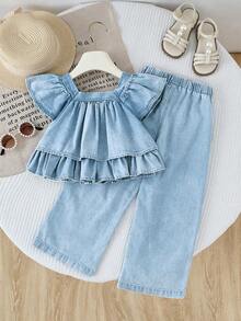 女童碎花宽松褶饰上衣，搭配荷叶边和阔腿休闲牛仔裤，时尚套装 - 淺色水洗藍 - 查看 2