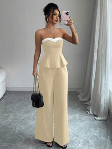 Elenzga Women's Elegant 2 Pieces Set: Ruffle Hem Bandeau Top And Wide Leg Pants - Light Yellow - View 6