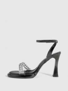 CUCCOO SZL Women's Rhinestone Decor Buckle Design Fashionable High Heels, Versatile For Daily Wear Summer - Black - View 8