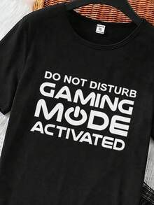 2件套青少年男童圆领黑色短袖T恤（白色字母印花）和宽松黑白格子短裤，休闲针织睡衣套装 - 黑色 - 查看 6