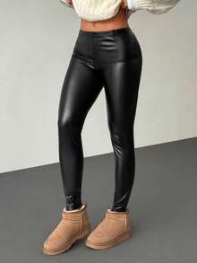 SHEIN PETITE 秋/夏新款简约优雅日常通勤休闲时尚百搭春夏百搭束腰拉链提臀黑色中腰PU皮绒修身裤，适合春夏、机场、教师、办公室等场合穿着。 - 黑色 - 查看 8