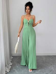 Rafferiza 女士优雅无袖褶皱长款连体裤，浅绿色，适合春夏度假和约会 - 薄荷綠 - 查看 4