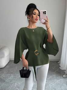 Selianne 女式法式圆领蝙蝠袖腰带亮红色衬衫，春夏 - 橄欖綠 - 查看 3