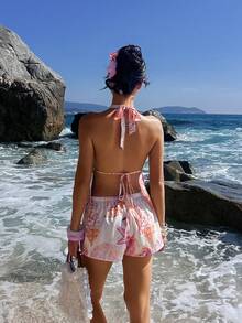 Opulessa 女士雪纺露背吊带上衣和低腰短裤两件套，春夏度假装 - 粉色 - 查看 6