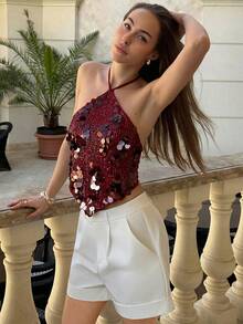 Aloruh Áo hở lưng gợi cảm đính sequin dành cho nữ, áo mùa hè đi biển, áo đi nghỉ mát, áo phong cách boho nhiệt đới, trang phục đi xem hòa nhạc, lễ hội âm nhạc, nhạc đồng quê, Ibiza, Nashville, trang phục miền Tây, phong cách boho đường phố, phong cách nhiệt đới, gyaru miền Tây, áo mùa hè dễ thương. - Màu Đỏ Sâu - Xem 5