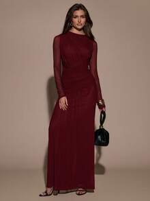 SHEIN BAE 女士纯色网纱拼接修身优雅长袖连衣裙 - 酒紅色 - 查看 4