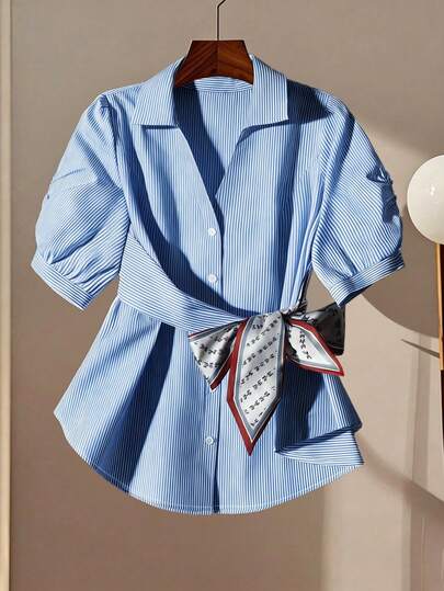 GlowEve CURVE Plus Size Women's Bow Collar Short Sleeve Button Down Loose A-Line Tie Waist Casual Elegant Striped Blouse