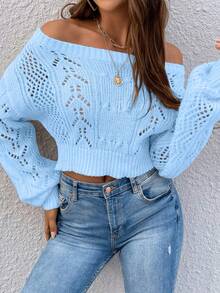 Almamuse 女士休闲度假通勤简约纯色露肩灯笼袖开襟针织短款毛衣，春秋季 - 天藍色 - 查看 5